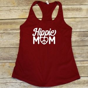 Hippie Mom red long tank top - peace sign heart